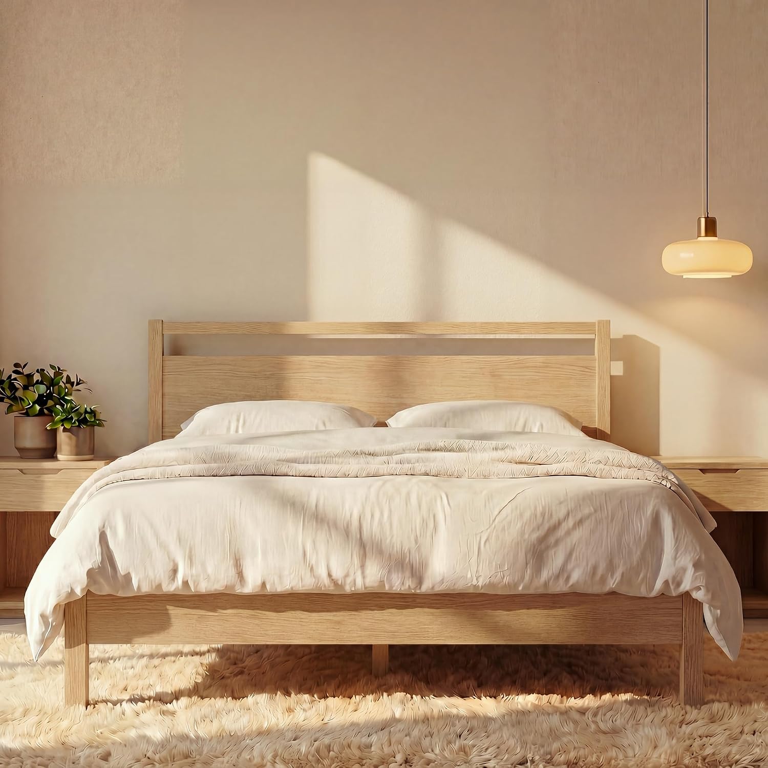 LIFEMENT Marco de cama de plataforma de madera con cabecero, esencial, sin ruido, almacenamiento debajo de la cama, no necesita somier, fácil montaje (natural, completo)