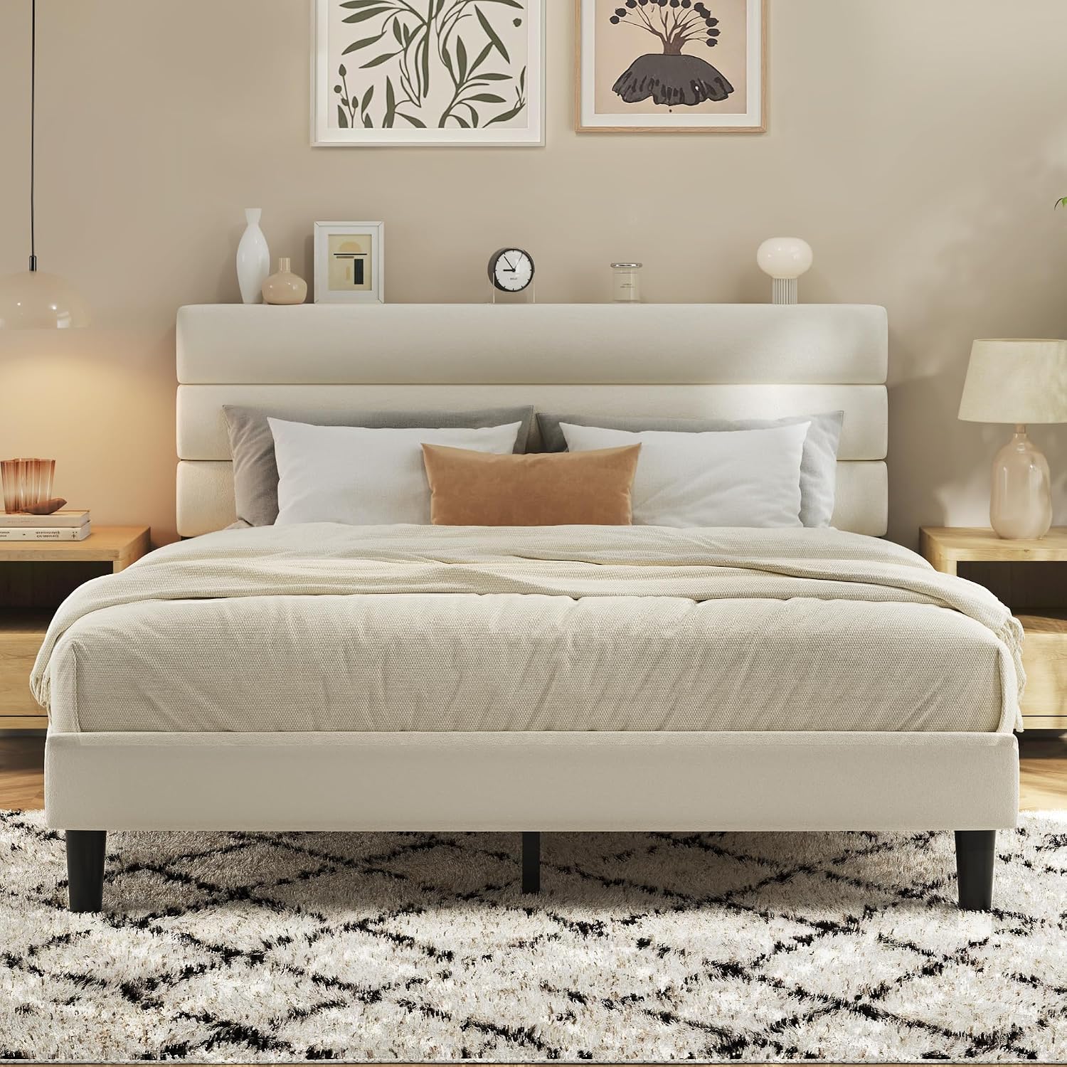 Fluest Base de cama tamaño Queen, base de cama de plataforma con cabecera tapizada de terciopelo, no necesita somier, soporte de metal resistente, sin ruido, fácil montaje, muebles de dormitorio