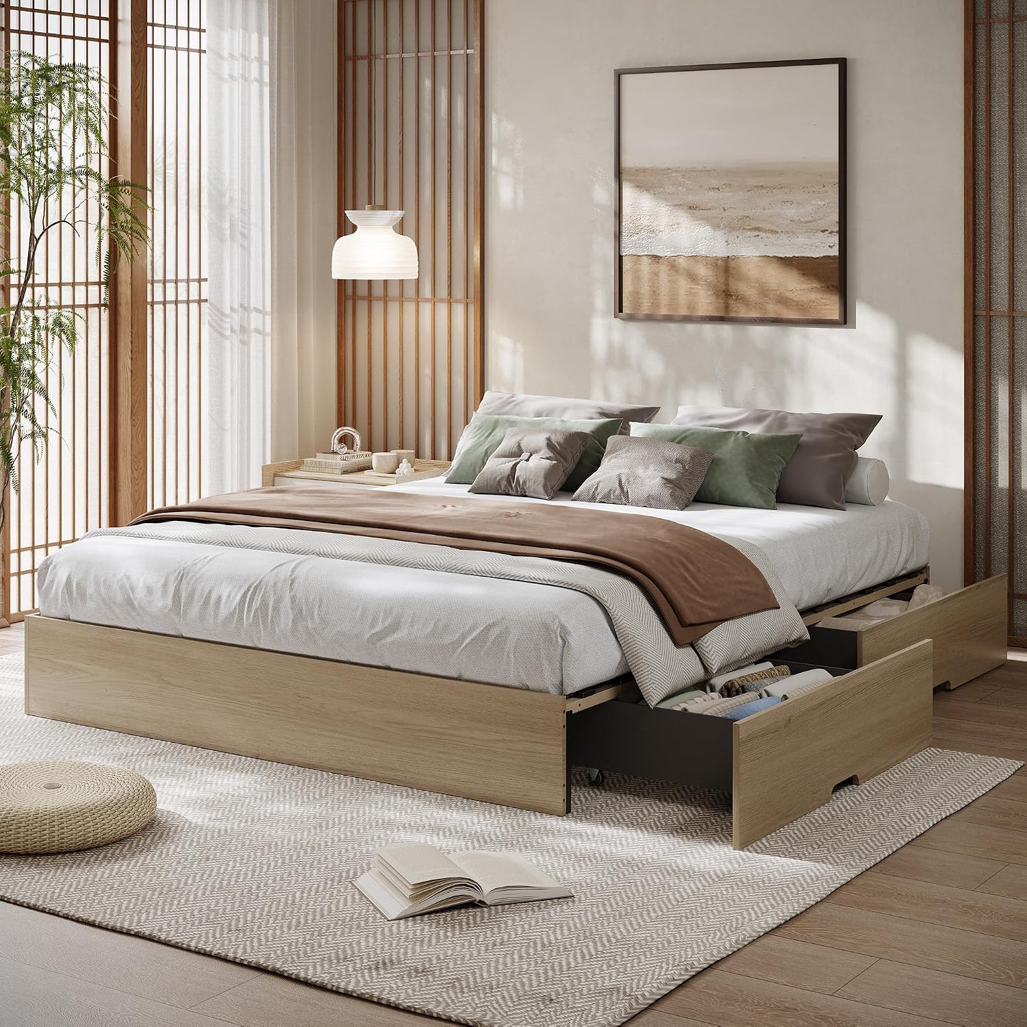 Base de cama de plataforma de madera con 2 cajones de almacenamiento, no necesita somier, fácil montaje, listones sin ruido, tamaño Queen, madera natural (Jixiang Oak)