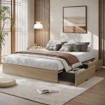 Base de cama de plataforma de madera con 2 cajones de almacenamiento, no necesita somier, fácil montaje, listones sin ruido, tamaño Queen, madera natural (Jixiang Oak)