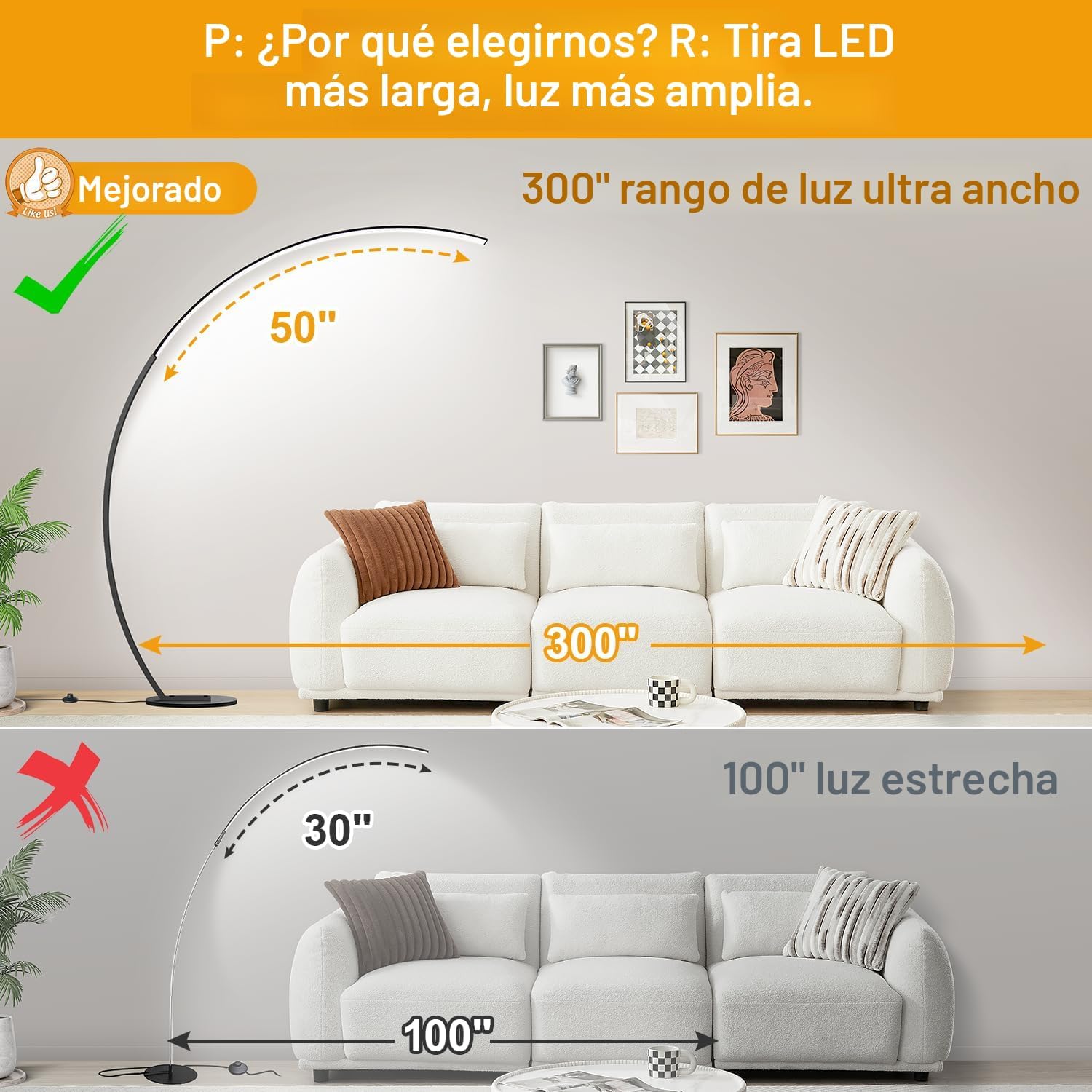 Lámparas LED regulables para sala de estar con 3 temperaturas de color, lámparas de pie de arco ultra brillantes de 2000 lúmenes, moderna lámpara alta de pie con control remoto lámpara de pie de lectura para dormitorio, oficina, aula