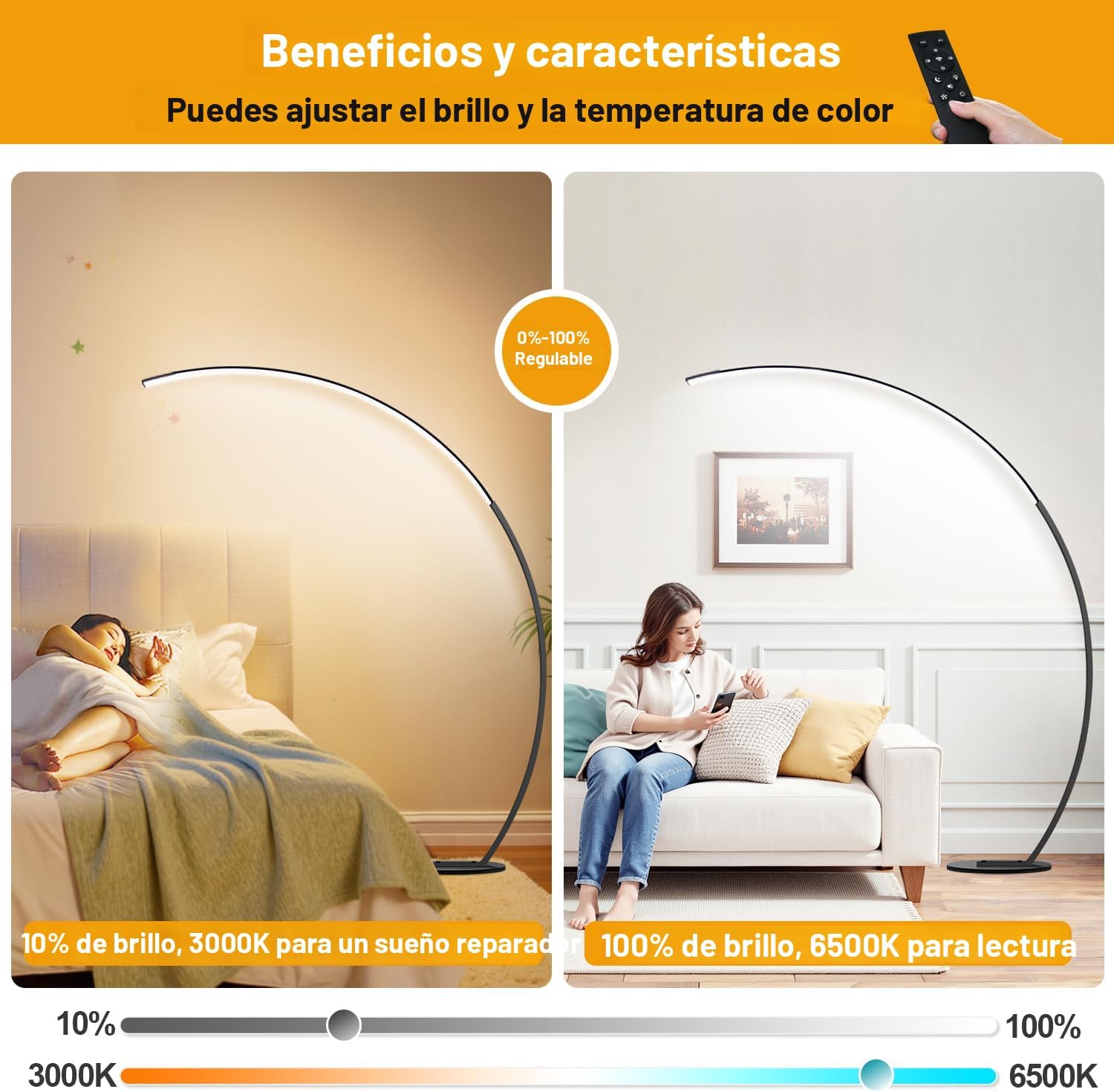 Lámparas LED regulables para sala de estar con 3 temperaturas de color, lámparas de pie de arco ultra brillantes de 2000 lúmenes, moderna lámpara alta de pie con control remoto lámpara de pie de lectura para dormitorio, oficina, aula