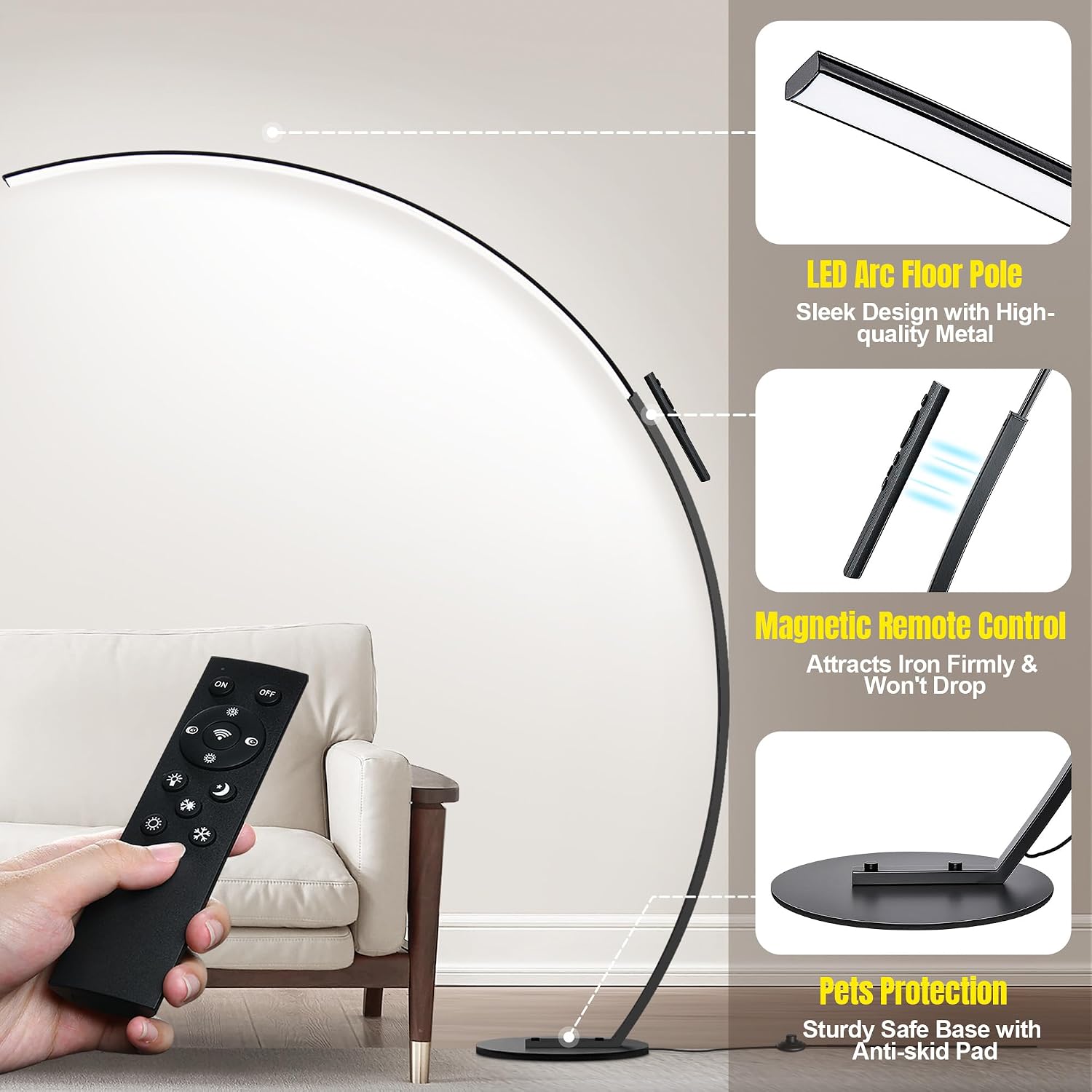 Lámparas LED regulables para sala de estar con 3 temperaturas de color, lámparas de pie de arco ultra brillantes de 2000 lúmenes, moderna lámpara alta de pie con control remoto lámpara de pie de lectura para dormitorio, oficina, aula