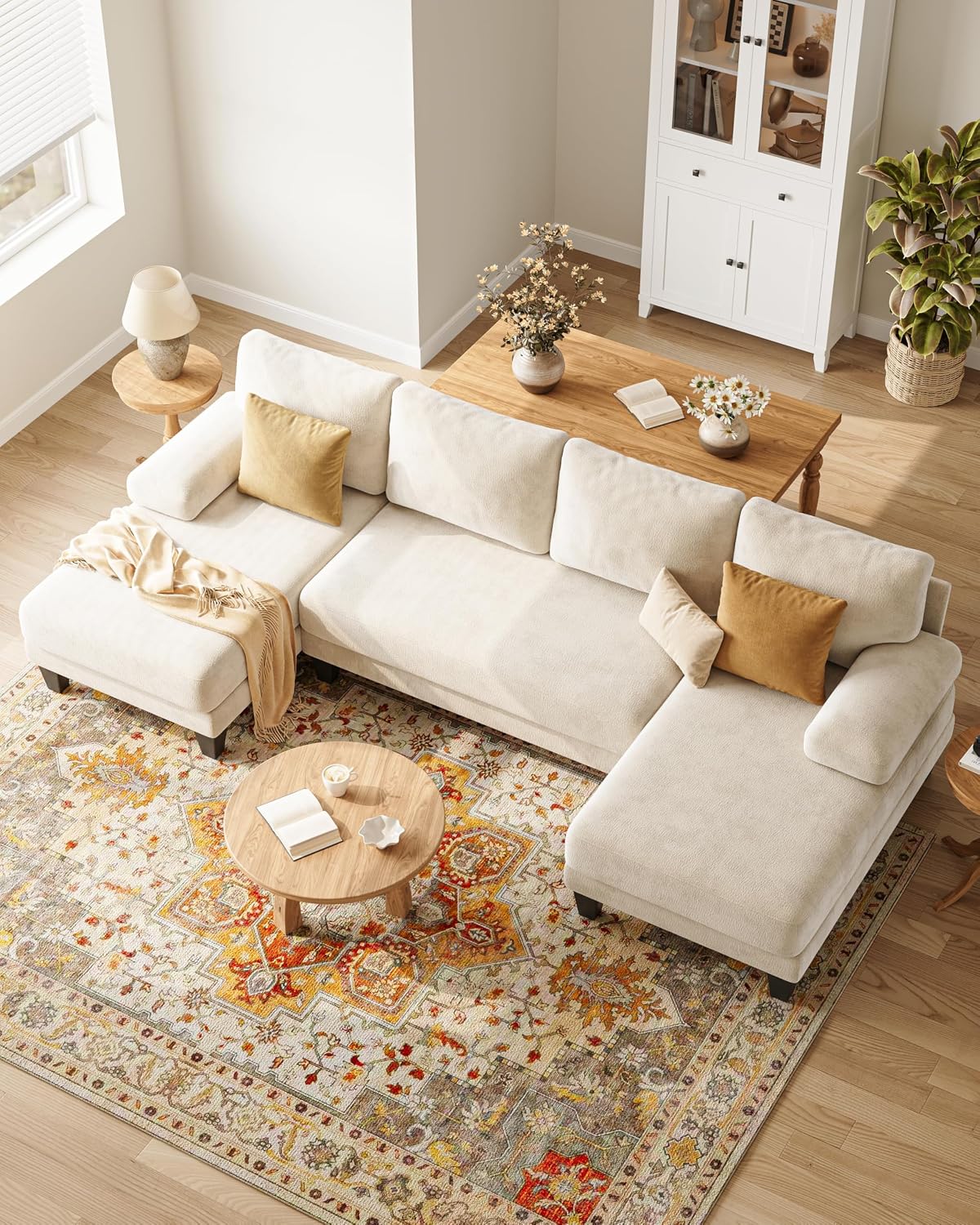 Sofás seccionales en forma de U para sala de estar | Sofá modular moderno de 112 pulgadas | Sofá de felpilla blanco cálido con diván doble para apartamento