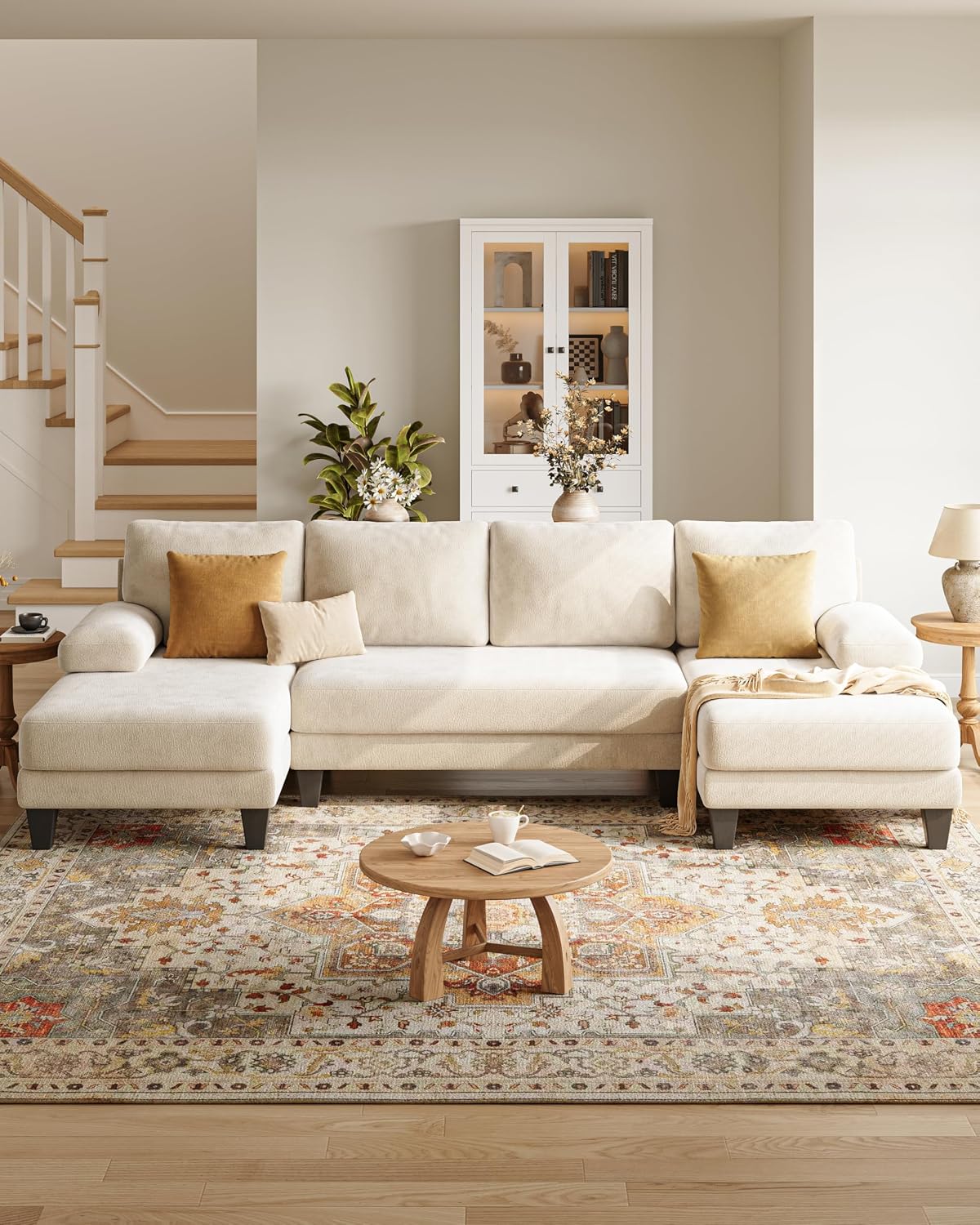 Sofás seccionales en forma de U para sala de estar | Sofá modular moderno de 112 pulgadas | Sofá de felpilla blanco cálido con diván doble para apartamento