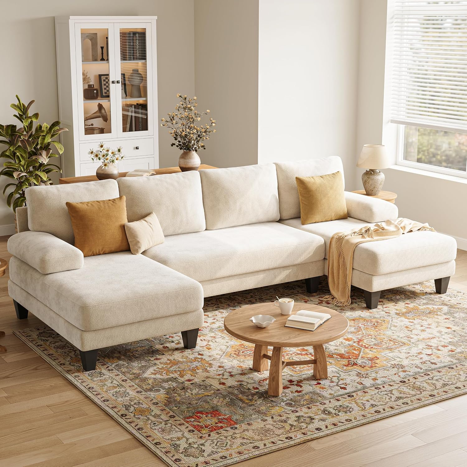 Sofás seccionales en forma de U para sala de estar | Sofá modular moderno de 112 pulgadas | Sofá de felpilla blanco cálido con diván doble para apartamento