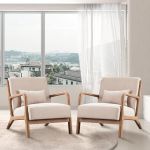ANJ Juego de 2 sillas decorativas modernas de mediados de siglo, sillón de lectura de una sola tela con marco de madera maciza, sillas con brazos de fácil montaje para sala de estar, color beige, 2