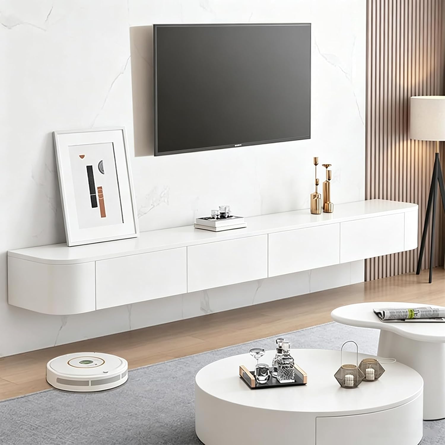 Soporte de TV flotante blanco de 118,1 pulgadas, montado en la